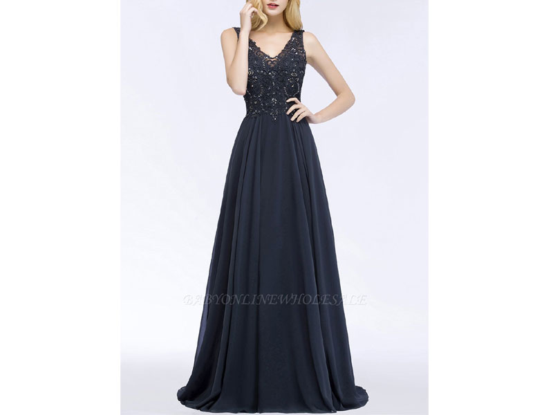 Women's Patricia A-line V-neck Sleeveless Long Appliqued Chiffon Prom Dress