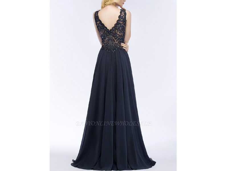 Women's Patricia A-line V-neck Sleeveless Long Appliqued Chiffon Prom Dress