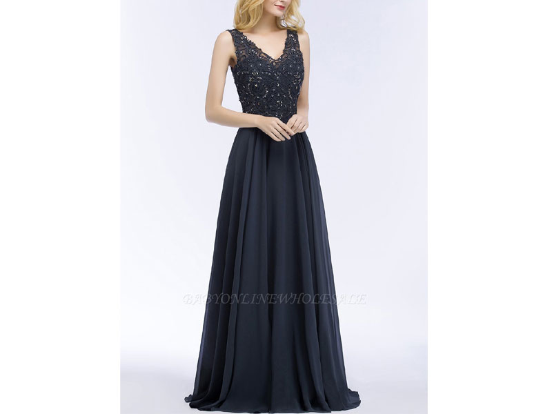 Women's Patricia A-line V-neck Sleeveless Long Appliqued Chiffon Prom Dress