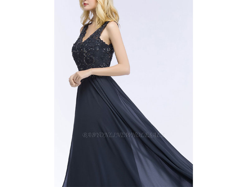 Women's Patricia A-line V-neck Sleeveless Long Appliqued Chiffon Prom Dress