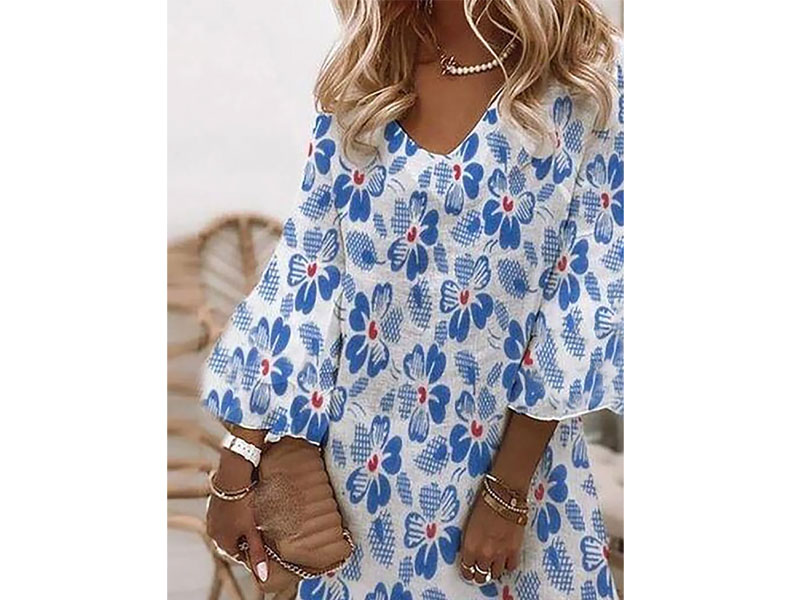 Women's Boho Casual Floral-Print Loose Casual V neck Dresses