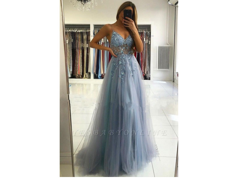 Women's Gorgeous A Line Lace Tulle Crystals Prom Dresses