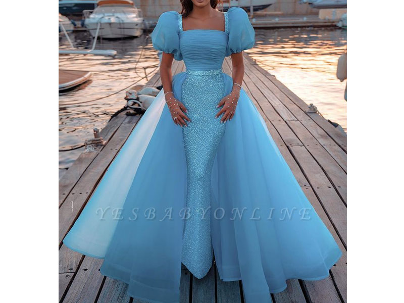 Women's Sexy Short Sleeves Mermaid Square Sequin Chiffon Prom Dresses