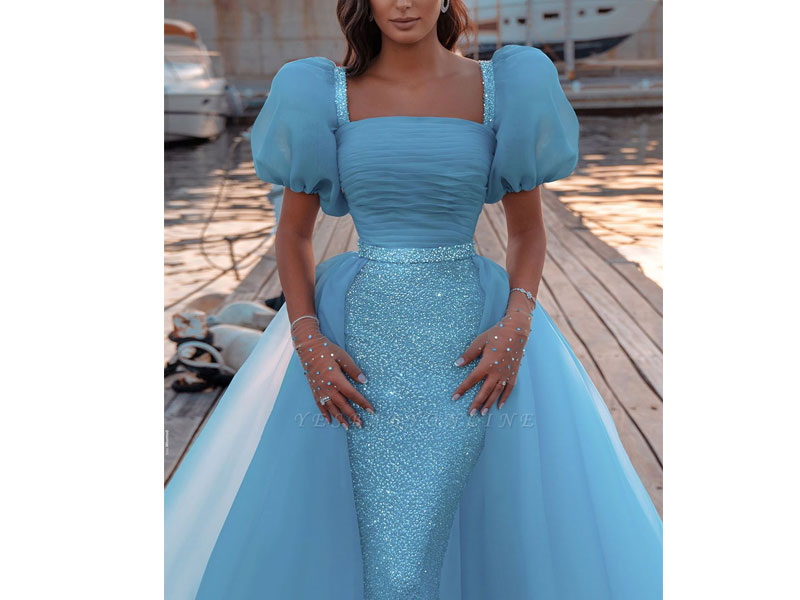 Women's Sexy Short Sleeves Mermaid Square Sequin Chiffon Prom Dresses