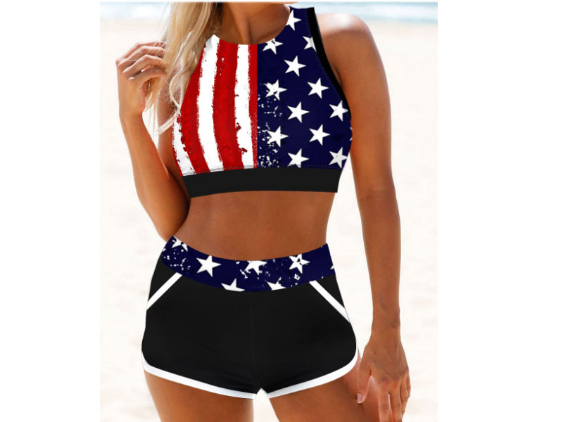 Rotita Women's American Flag Print High Waisted Bikini Set