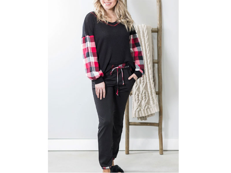 Cottage Comfy Loungewear Jogger With Plaid Accents In Black