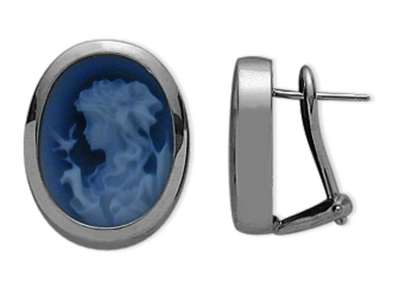 Women's 14 Karat White Gold Blue Agate Cameo Earrings