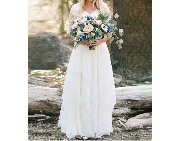 Women's Elegant Half Sleeves V-neck Lace Boho Wedding Dress