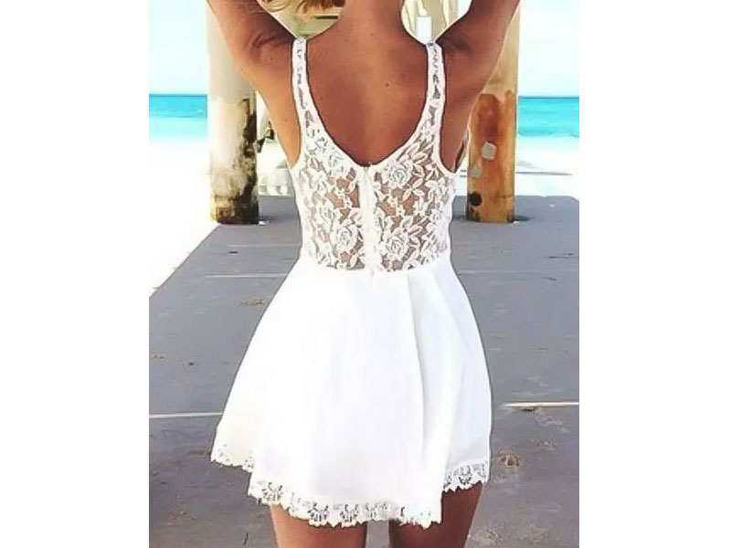 Women's Lace Hollow Out Ruffled Zipper Sleeveless Mini Dress White