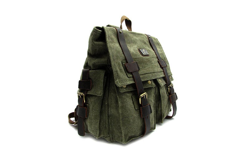 Amik Bunker Hill Italian-Style Vintage Canvas & Leather Backpack - Military Gr