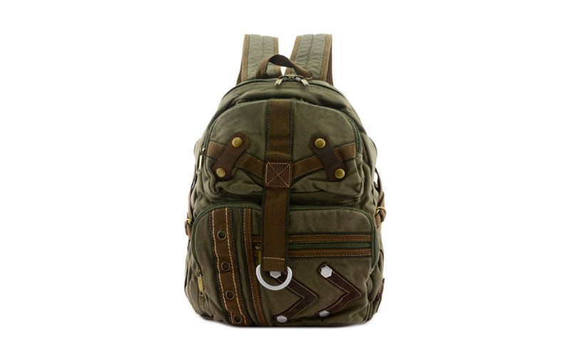 Amik Baldwin Hills Designer Vintage Canvas School Backpack - Military Green