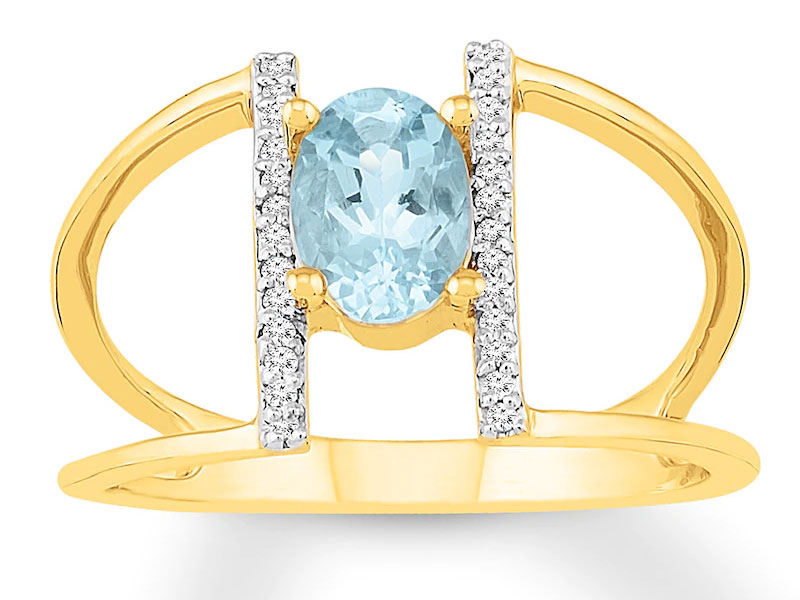 Jared Women's Aquamarine Ring 1/15 ct tw Diamonds 10K Yellow Gold
