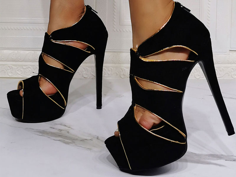 Women's Sexy High Heels Black Open Toe Micro Suede Sexy Stiletto Heels