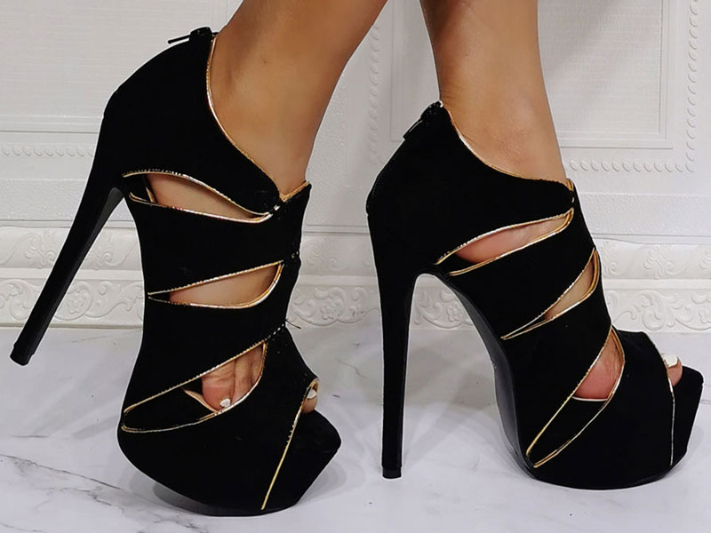 Women's Sexy High Heels Black Open Toe Micro Suede Sexy Stiletto Heels