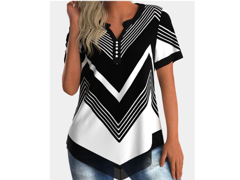 Women's Asymmetric Hem Chiffon Panel Geometric Print Blouse