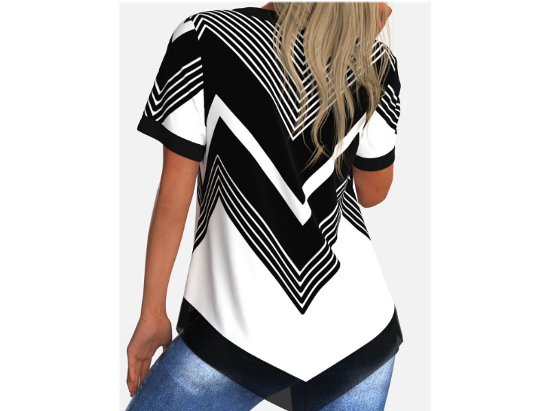 Women's Asymmetric Hem Chiffon Panel Geometric Print Blouse