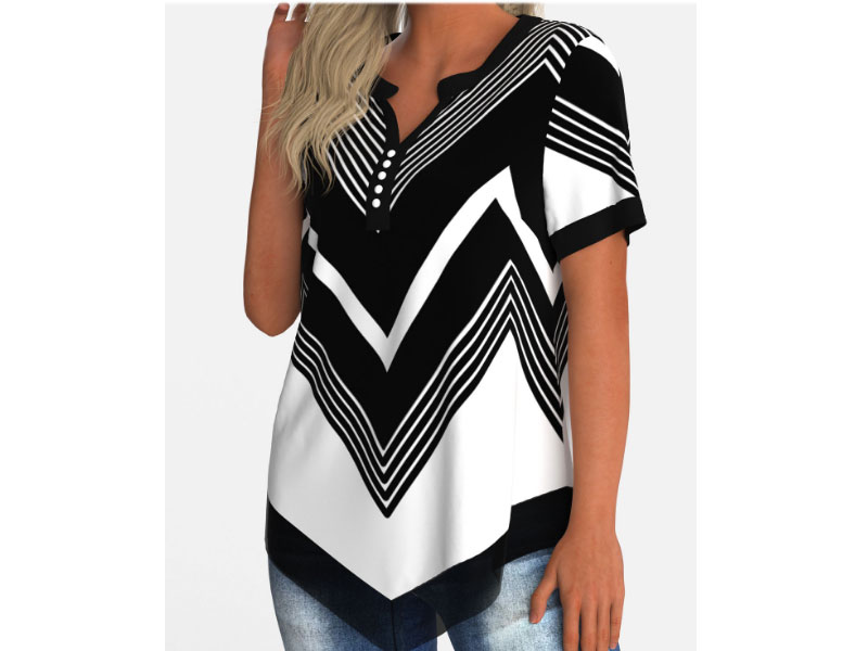 Women's Asymmetric Hem Chiffon Panel Geometric Print Blouse