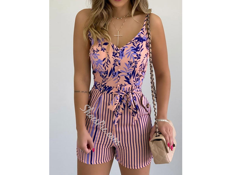 Shorts Print Floral Skinny Jumpsuit For Women