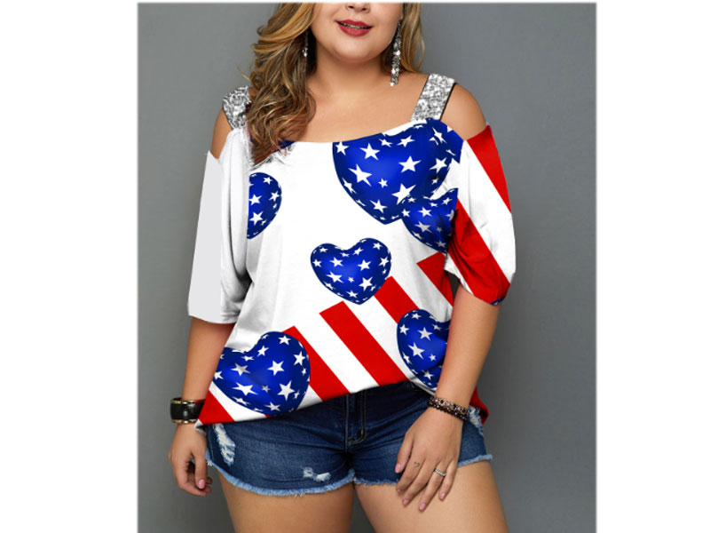 Women's Plus Size American Flag Print Cold Shoulder T-Shirt