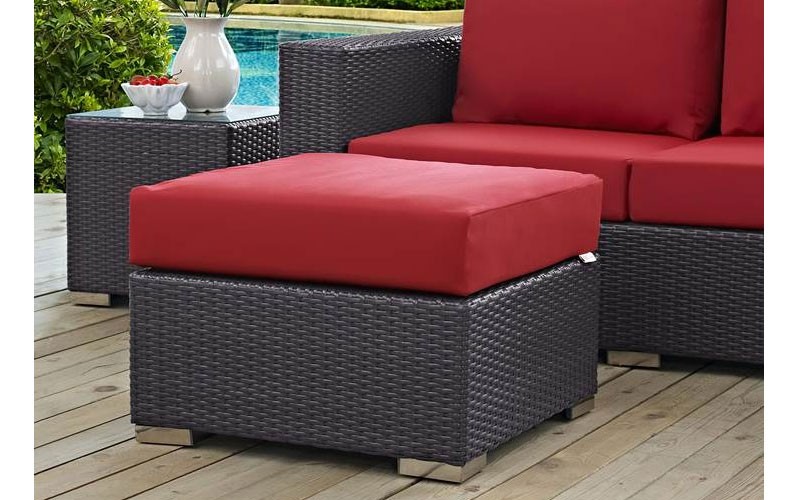 Convene Outdoor Patio Fabric Square Ottoman In Espresso Red