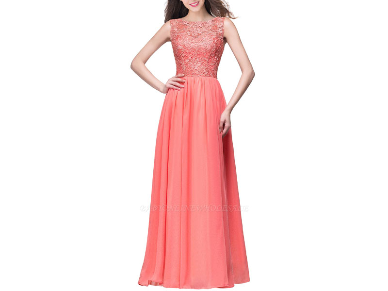 Women's Elyse A-line Sleeveless Crew Floor-length Lace Top Chiffon Prom Dresse