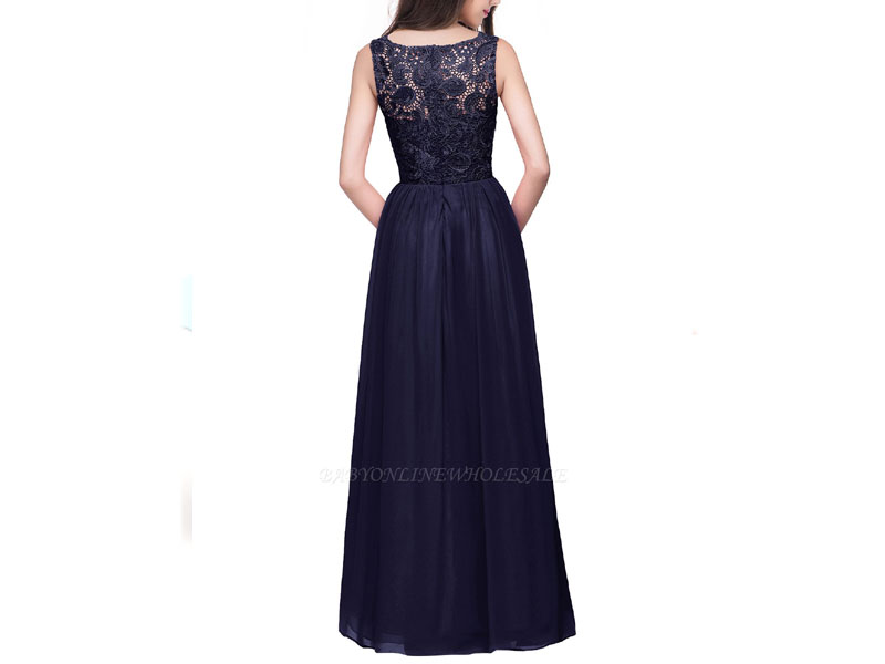 Women's Elyse A-line Sleeveless Crew Floor-length Lace Top Chiffon Prom Dresse