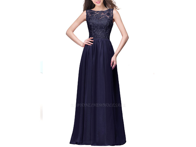 Women's Elyse A-line Sleeveless Crew Floor-length Lace Top Chiffon Prom Dresse