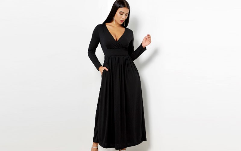 Black V-neck Long Sleeved Evening Maxi Dress