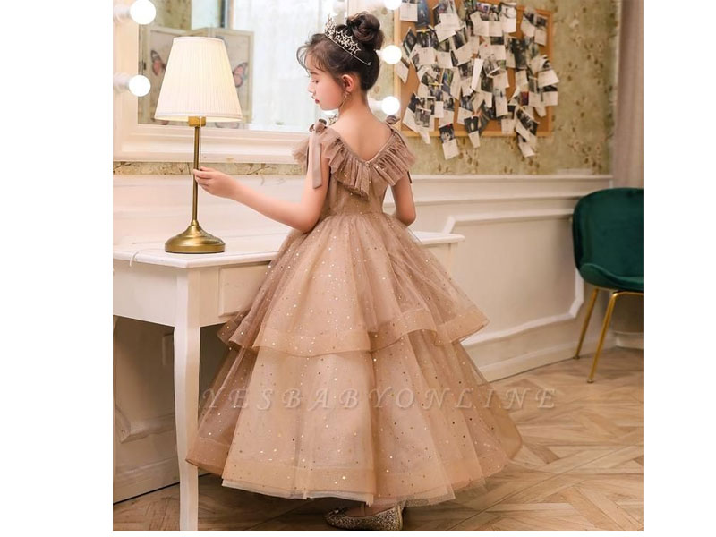 V-neck Straps Tulle Puffy Princess Flower Girl Dresses