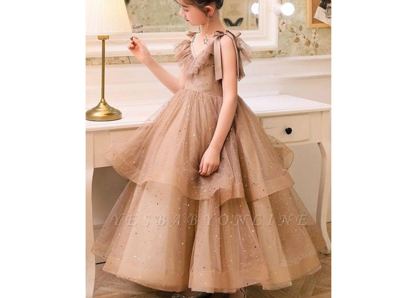 V-neck Straps Tulle Puffy Princess Flower Girl Dresses