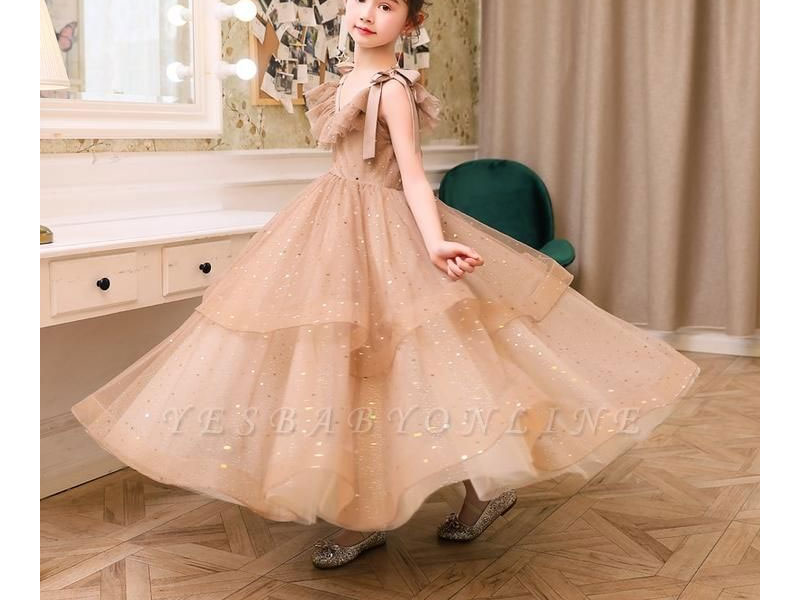 V-neck Straps Tulle Puffy Princess Flower Girl Dresses