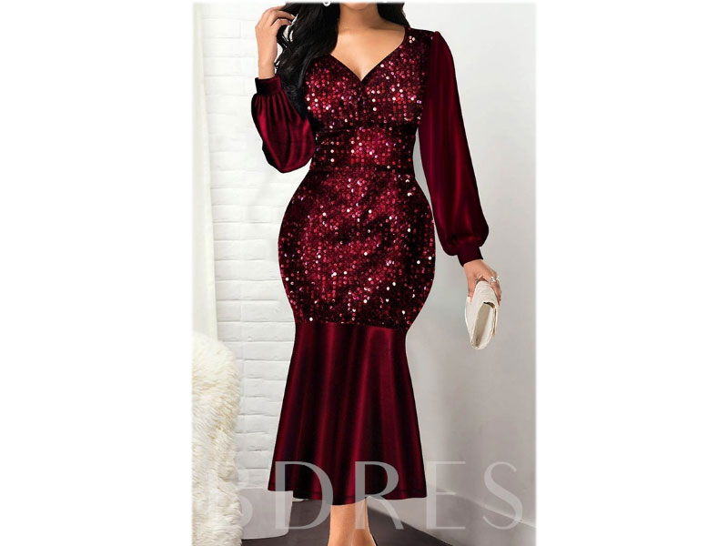 Plus Size Long Sleeve V-Neck Mid-Calf Lurex Mermaid Women's Dress