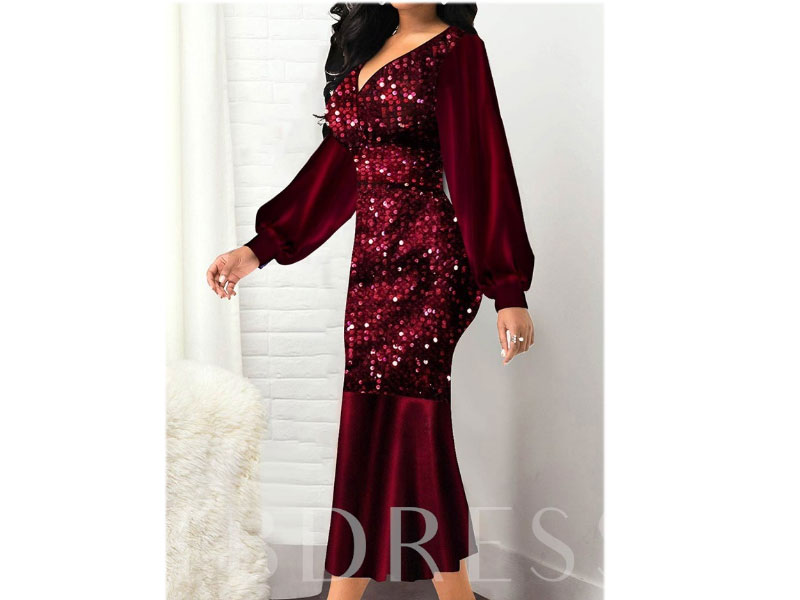 Plus Size Long Sleeve V-Neck Mid-Calf Lurex Mermaid Women's Dress