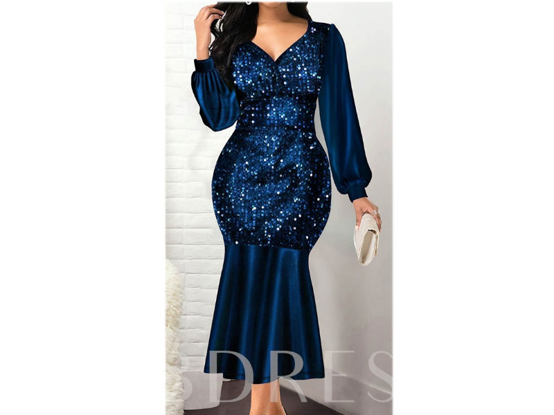 Plus Size Long Sleeve V-Neck Mid-Calf Lurex Mermaid Women's Dress