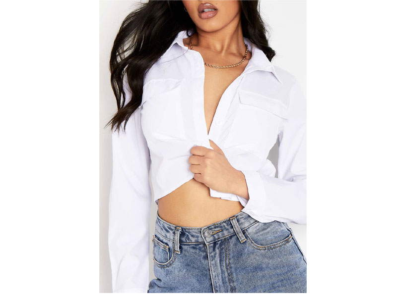 Women's Dulci White Pocket Front Crop Shirt