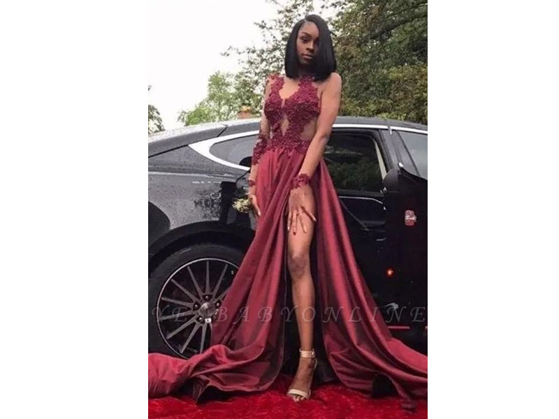 Women's Sexy Sheer Burgundy Prom Dresses