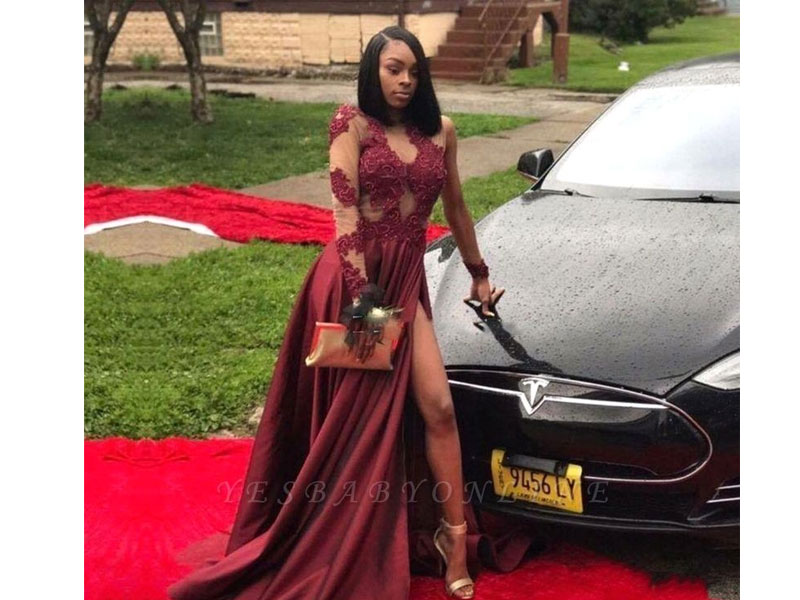 Women's Sexy Sheer Burgundy Prom Dresses