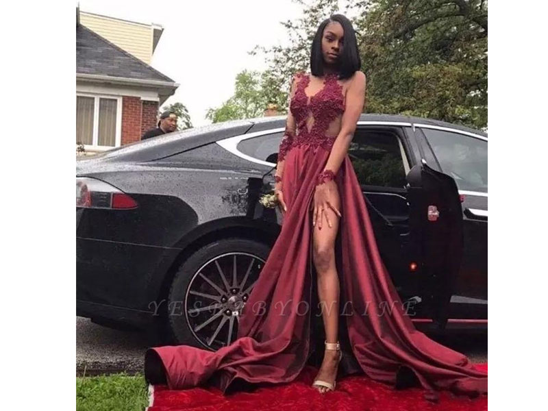 Women's Sexy Sheer Burgundy Prom Dresses