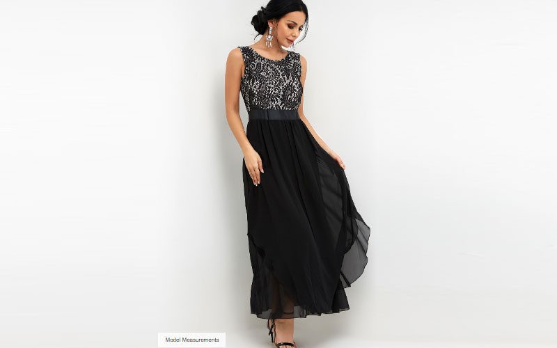 Black Lace Insert Round Neck High-waisted Maxi Evening Dress