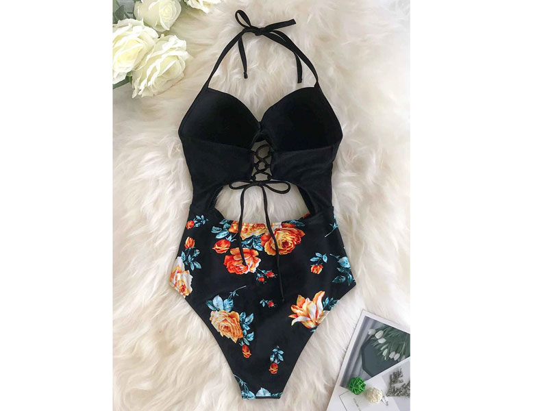 Women's Black Floral Print Halter One Piece Swimsuit