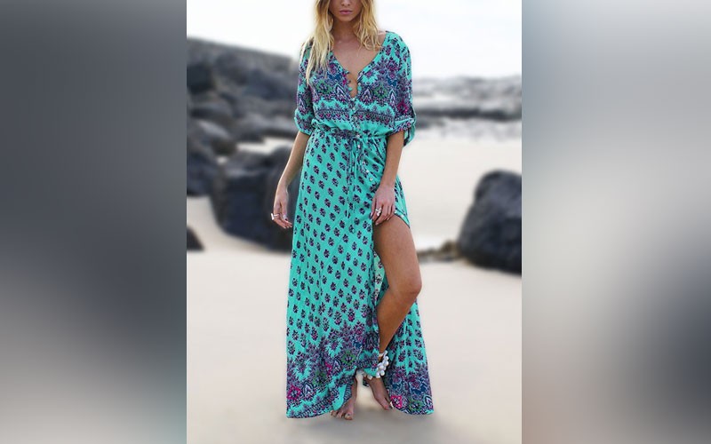 Cyan V-neck Floral Button-down Maxi Dress