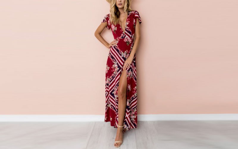 Red Random Floral Print Self-tie Waist V-neck High Slit Maxi Dress