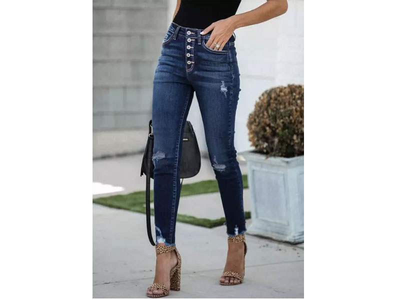 Women's Ripped Hole Frayed Hem High Waist Denim Jeans Blue