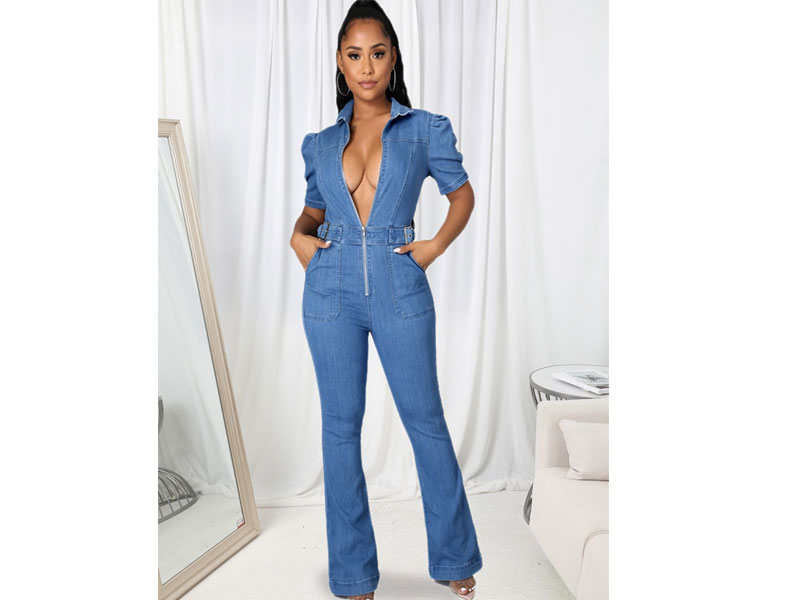 Women's Lovely Zipper Ruffle Design One-piece Denim Jumpsuit