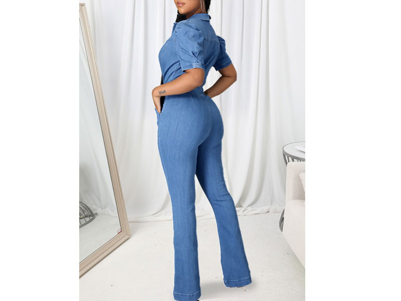 Women's Lovely Zipper Ruffle Design One-piece Denim Jumpsuit