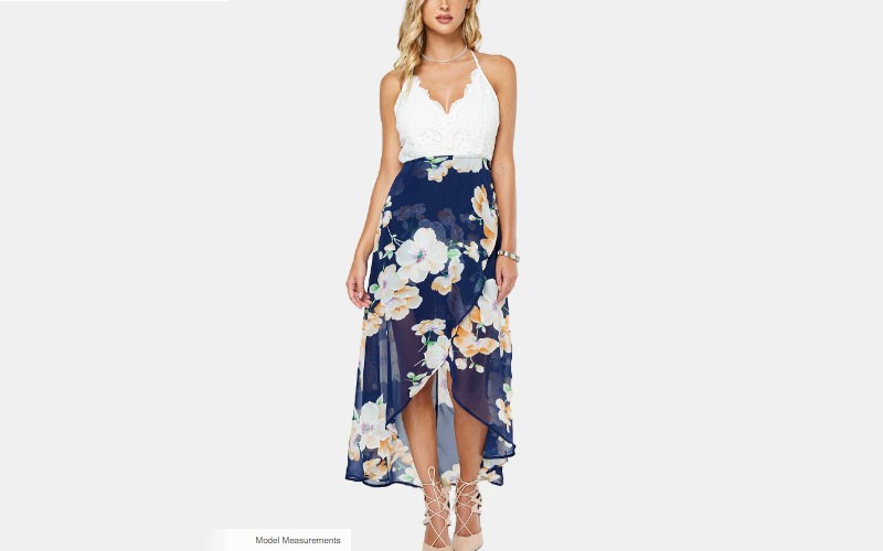 Front Floral Print Maxi Dress with Lace Details