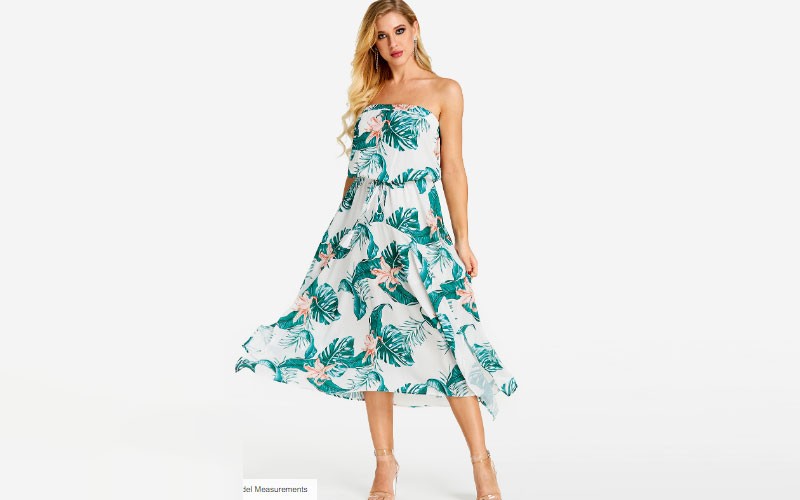 Random Floral Print Strapless Drawstring Waist Slit Hem Dress