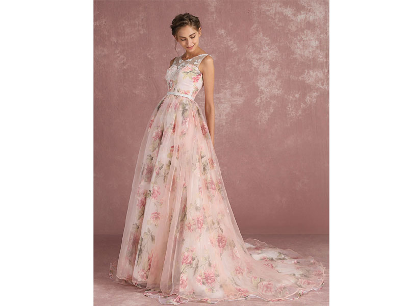 Women's Pink Prom Dresses 2021 Long Floral Print Organza Pageant Dress
