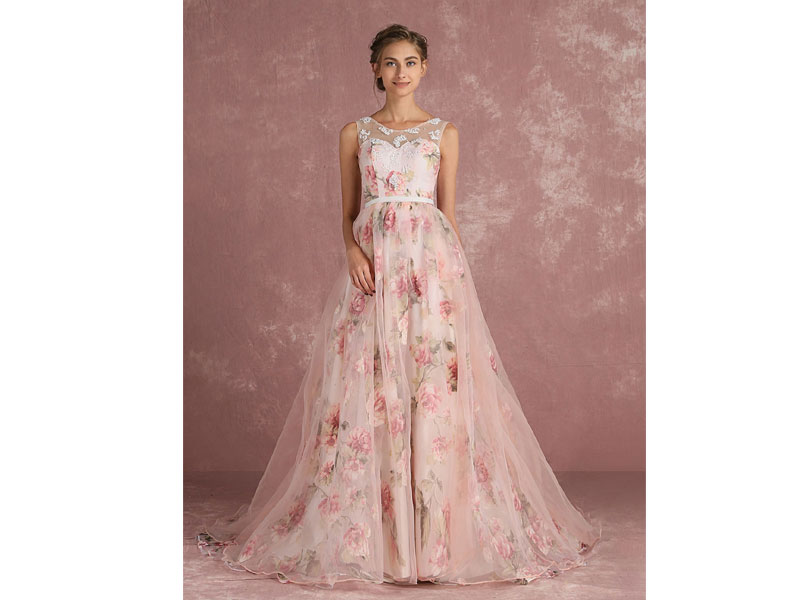 Women's Pink Prom Dresses 2021 Long Floral Print Organza Pageant Dress