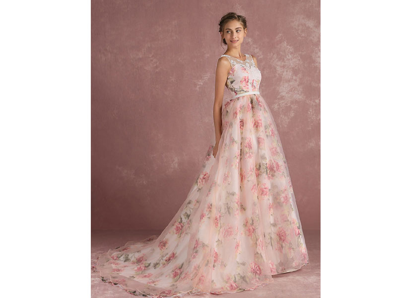 Women's Pink Prom Dresses 2021 Long Floral Print Organza Pageant Dress